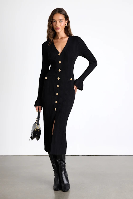 Dayena Black Ribbed Button-Front Sweater Midi Dress | Lulus