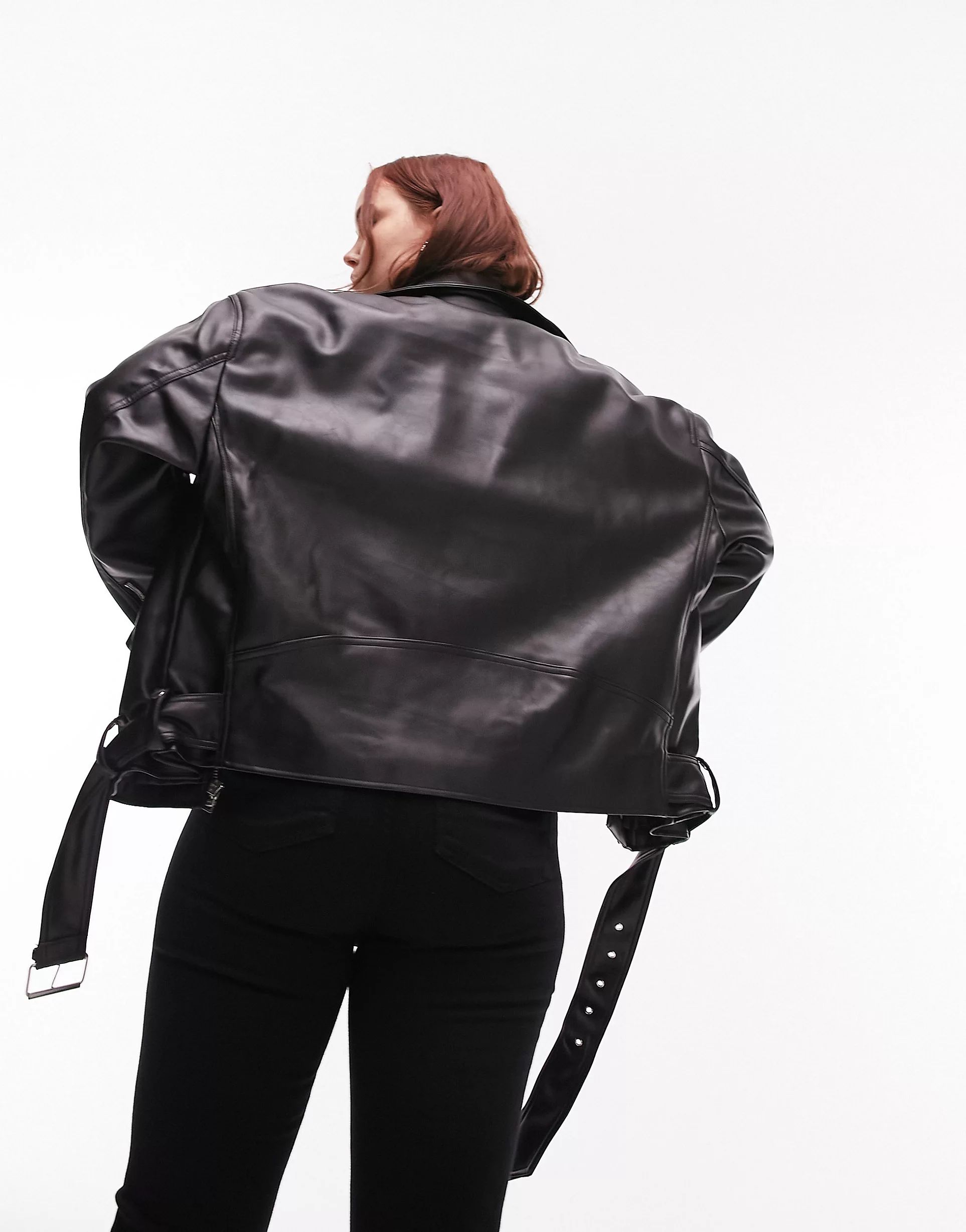 Topshop Curve faux leather oversized biker jacket in black | ASOS (Global)