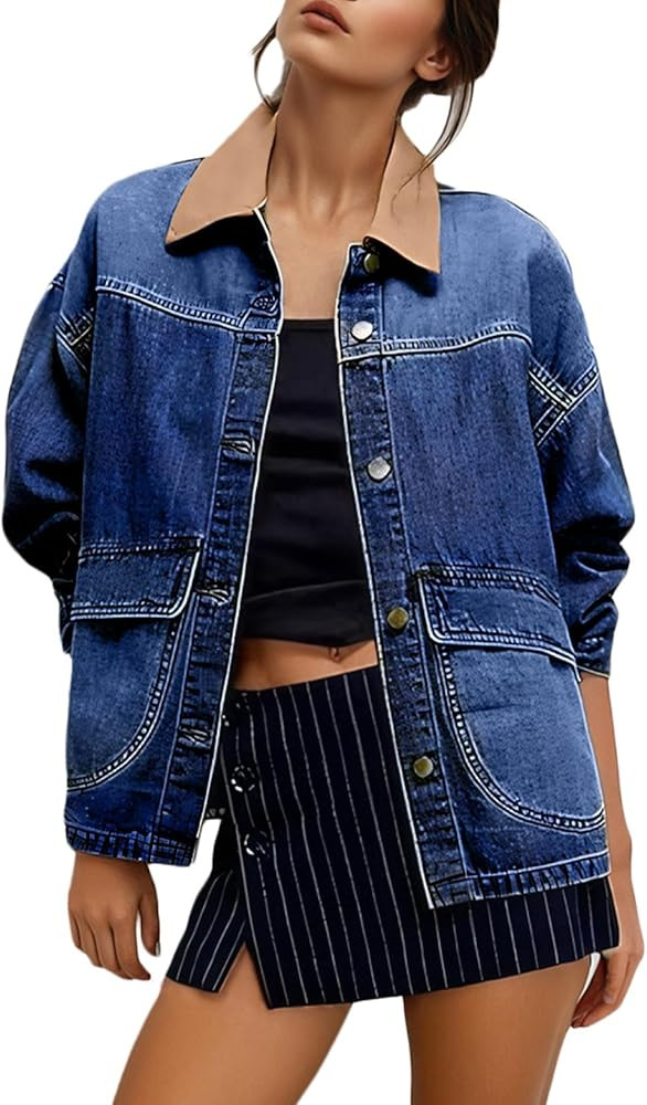 EVALESS Jean Jacket Women Trendy Color Block Denim Jacket Oversized Long Sleeve Button Down Barn ... | Amazon (US)