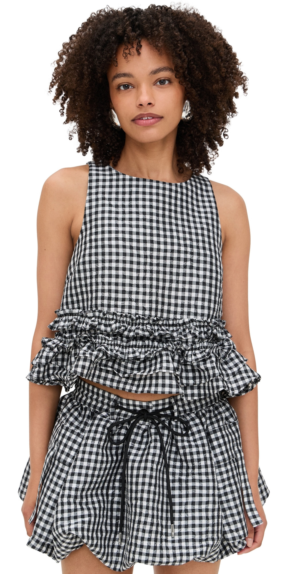 GANNI Crinkled Taffeta Check Frill Top Black 36 | Shopbop