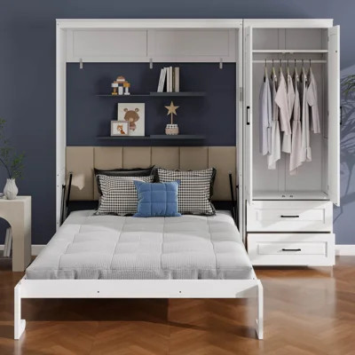 Queen Size Murphy Bed with Storage Wardrobe and Drawers, Upholstered Headboard | Wayfair North America