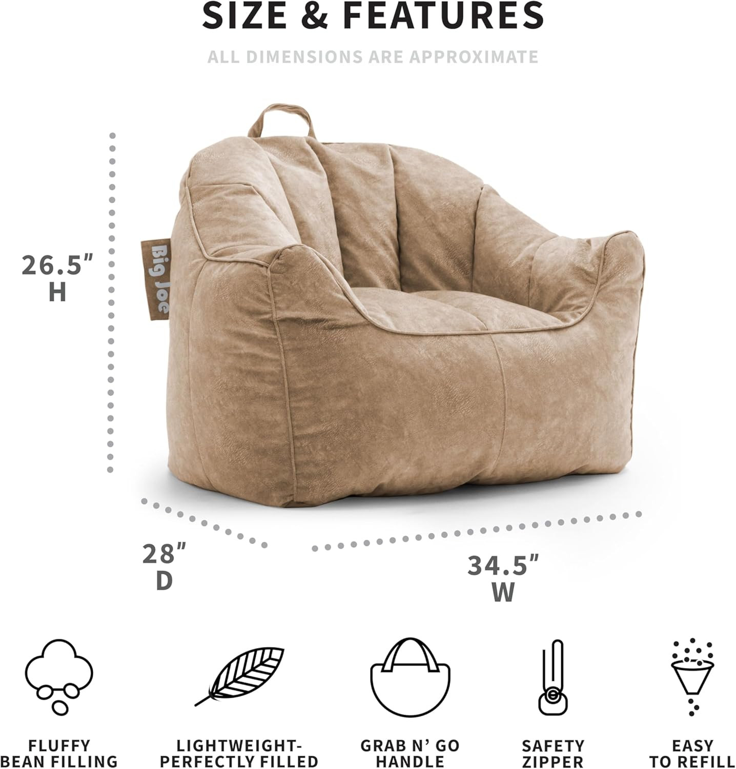 Big Joe Hug Bean Bag Chair, Caribou Hyde, Faux Polyester Blend, 3 feet | Amazon (US)