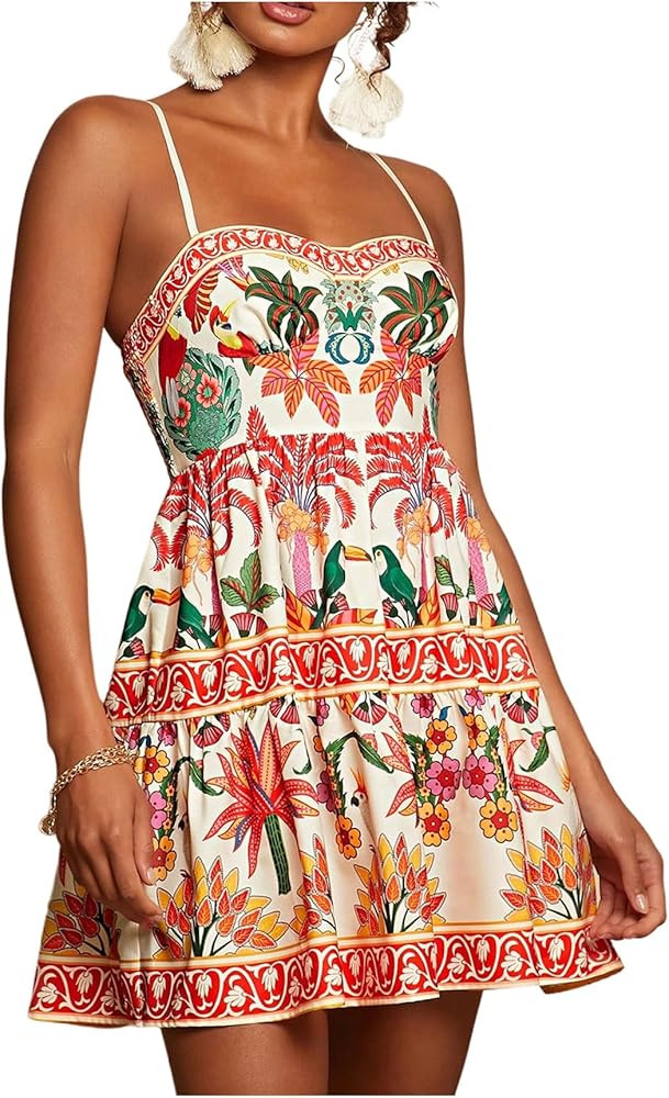 MakeMeChic Women's Boho Floral Cami Dress Smocked A Line Vacation Mini Dresses Sundress | Amazon (US)