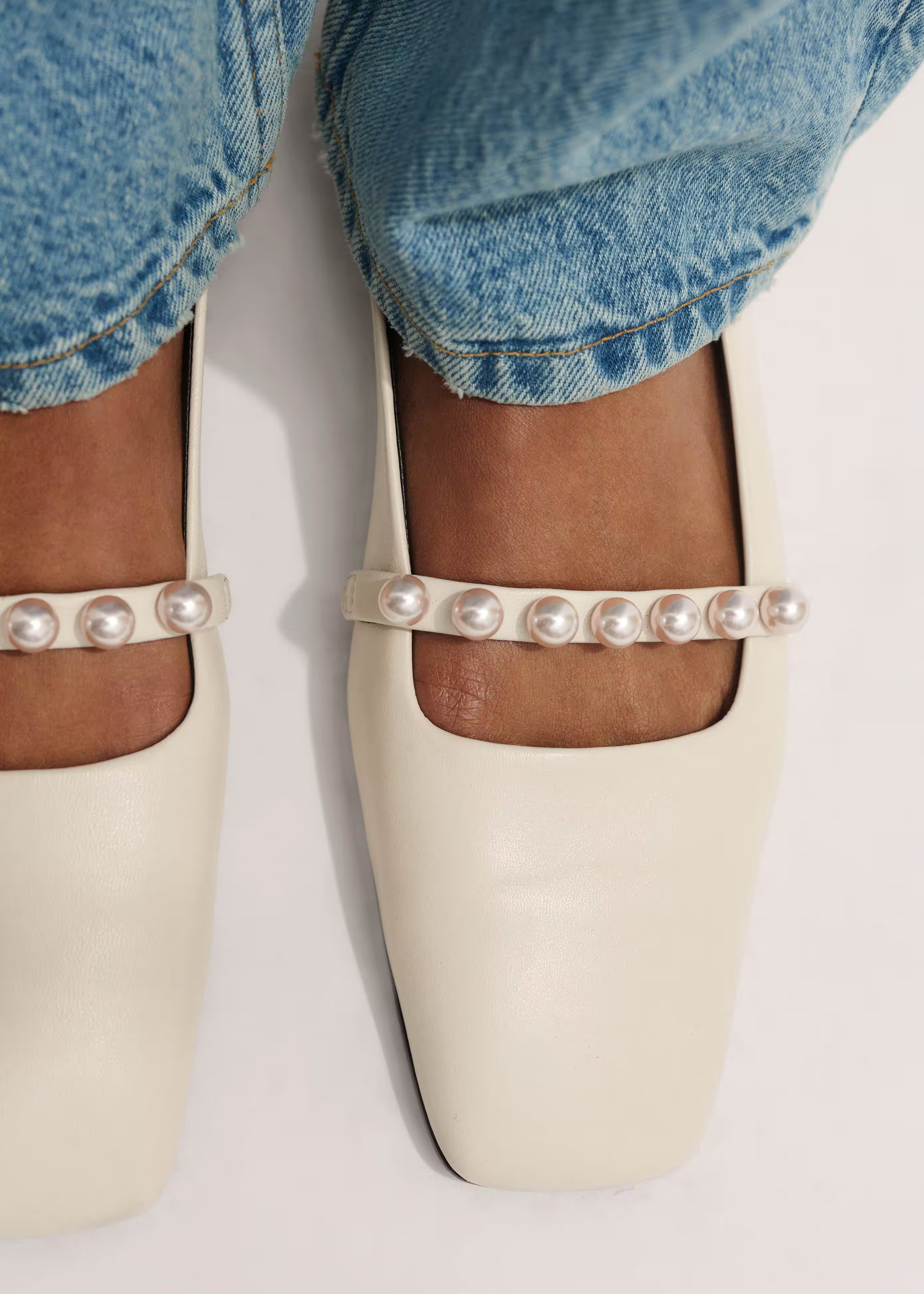 Faux Pearl Square Toe Ballerina Flat Nappa Leather | ME+EM Global (Excluding US)