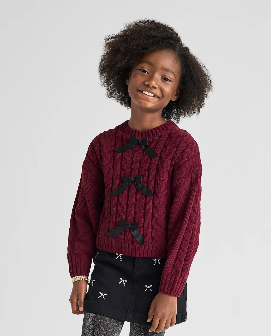 Girls Bow Cable Knit Chenille Sweater - burgundy | The Children's Place