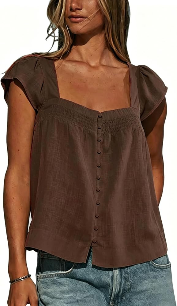 Lumister Cotton Linen Tops for Womens Square Neck Flutter Sleeve Lightweight Casual Shirt for Sum... | Amazon (US)