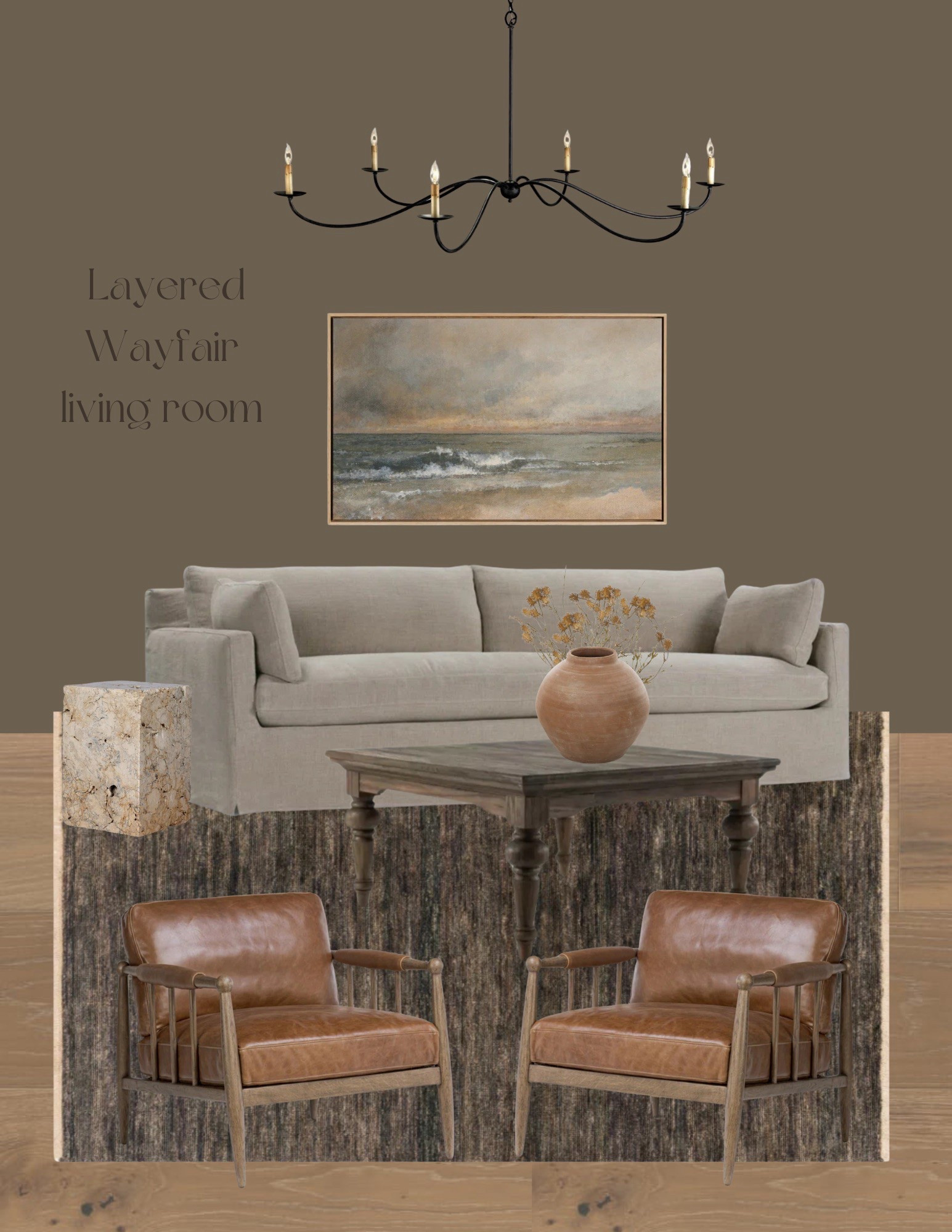 Layered Wayfair living room! Sofa, chair, rug, art, coffee table, decor 

#LTKHome #LTKSummerEdit #LTKU