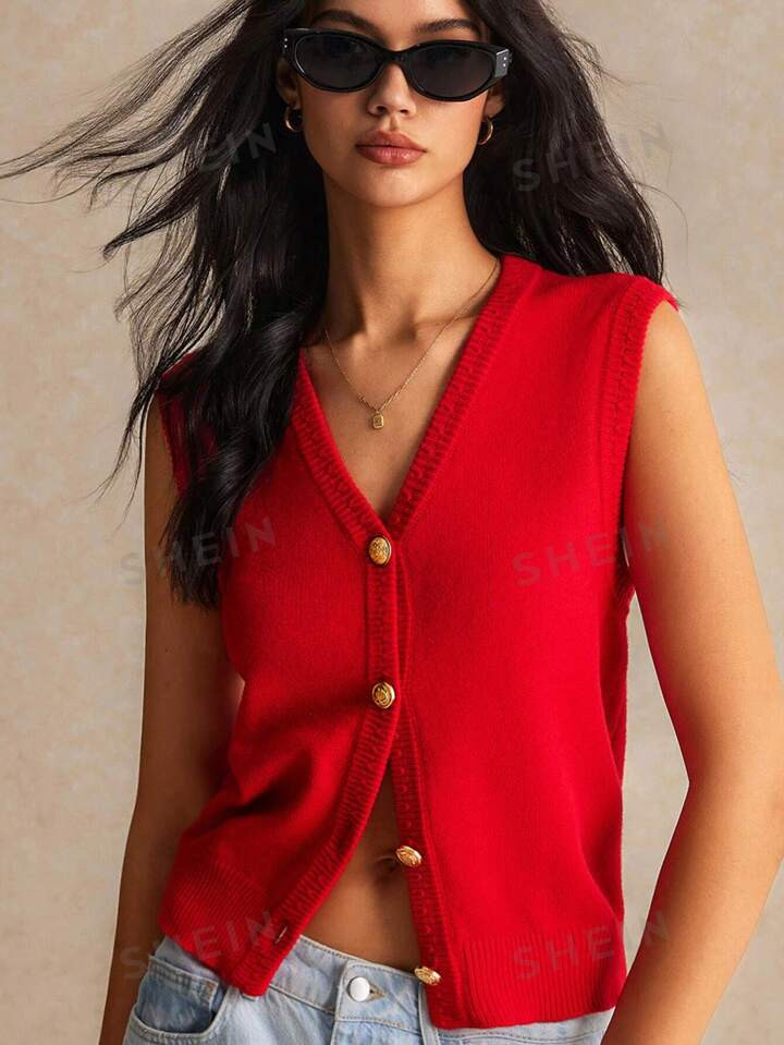Poéselle Casual Women's Cardigan, Solid Color Cable Knit Sweater Vest | SHEIN