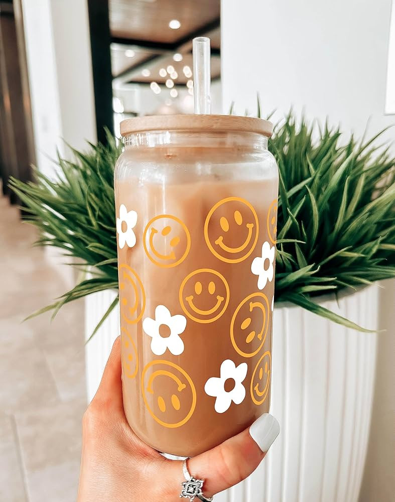 Sip Sip Hooray Daisy & Smiley Face Tumbler Glass Cup with Lid | Personalized Gifts for Women, Tea... | Amazon (US)
