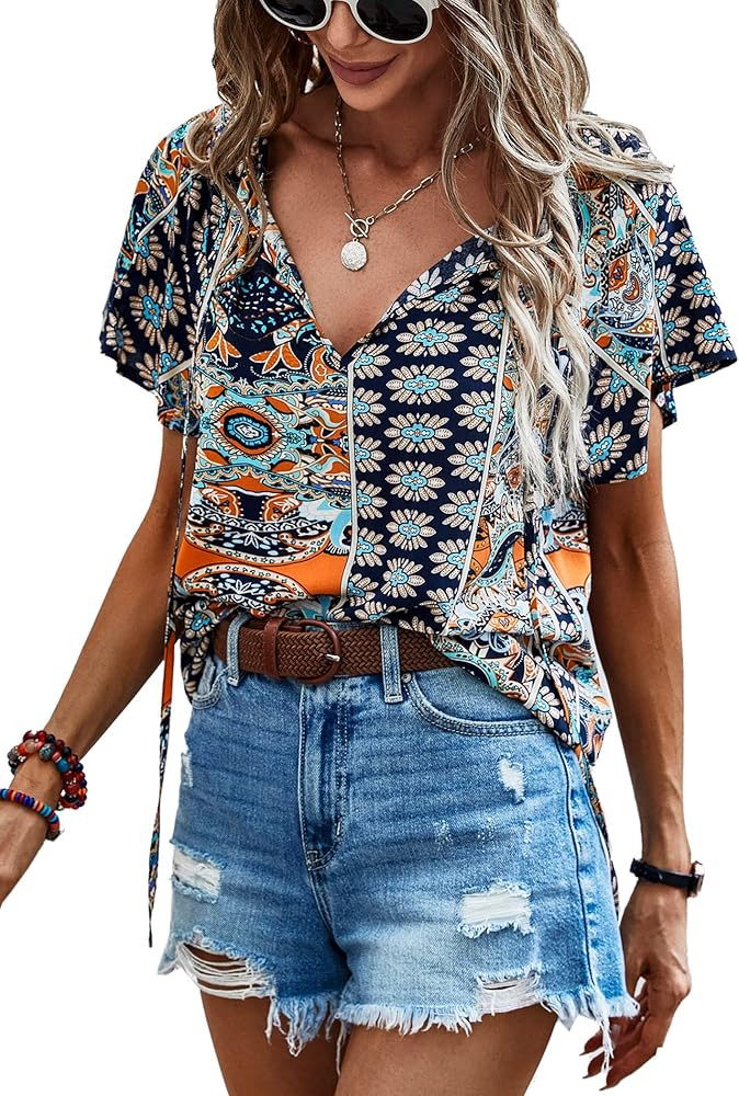 Angashion Women's Summer Tops Casual Floral Print V Neck Ruffle Short Sleeve Loose Tunic T Shirt ... | Amazon (US)