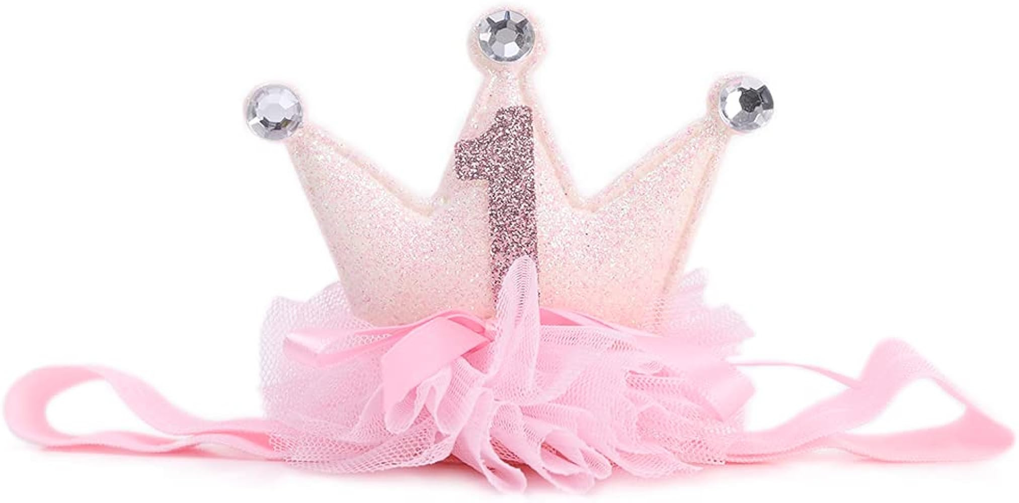1st Birthday Crown Headband for Baby Girls - Gold/Pink Glitter Mini Crown | Amazon (US)