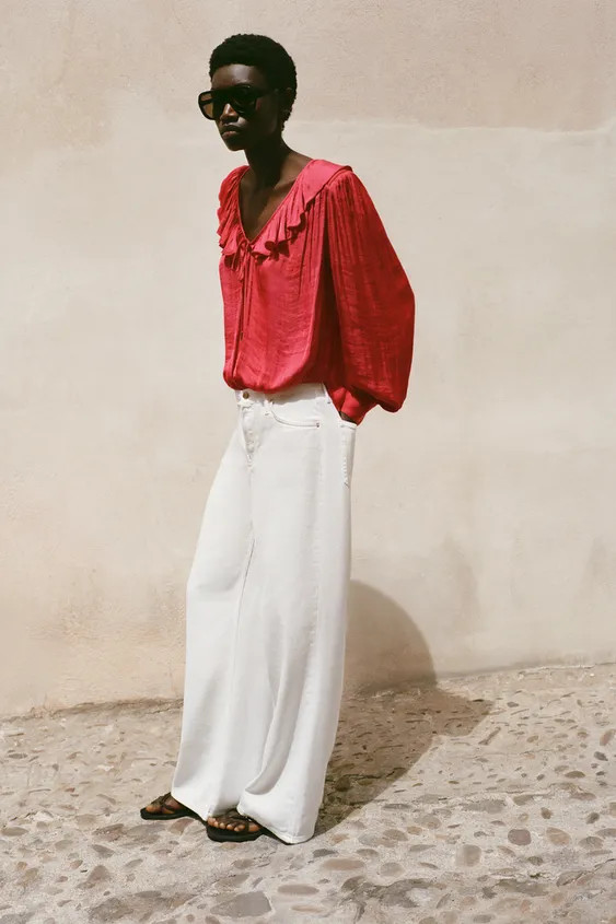 RUFFLED SATIN EFFECT BLOUSE WITH SHOULDER PADS | Zara US