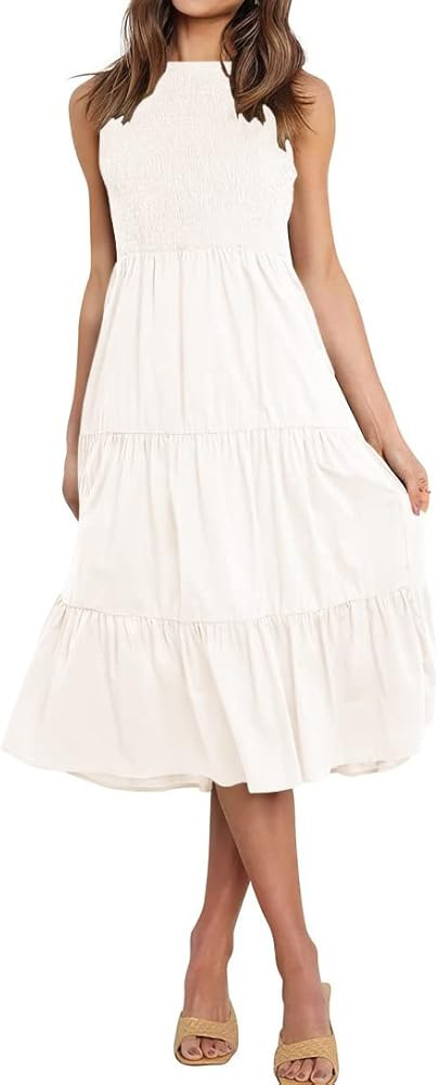 Yanekop Women Sleeveless Smocked Tiered Midi Dress Boho Summer Sun Dresses Beach A-Line Dress | Amazon (US)