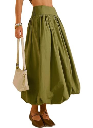 peassa Women's Bubble Maxi Skirt Elastic Low Waist A-Line Pleated Ruffle Flowy Balloon Long Skirts Fairy Y2K Teen Streetwear with Pockets Dill Green, L | Amazon (US)