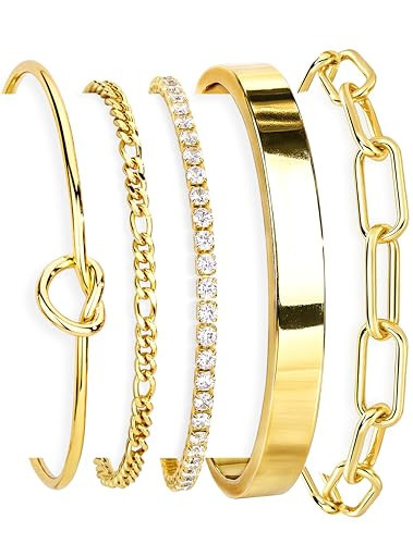 Gokeey Gold Cubic Zirconia Classic Tennis Bracelets for Women Trendy 14K Gold Plated Bangle Cuff Bracelet Set for Women Love Tike Knot Paperclip Figaro Bracelet Stack No Tarnish Bracelets Waterproof Simple Fashion Jewelry Gifts | Amazon (US)