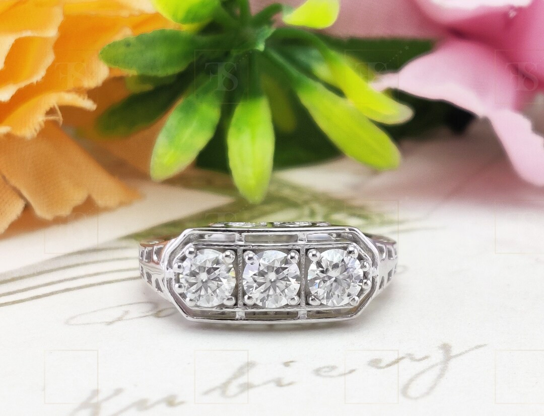Three Stone Round Moissanite Engagement Ring, Art Deco Vintage Style Filigree Ring, 925 Silver Mi... | Etsy (US)
