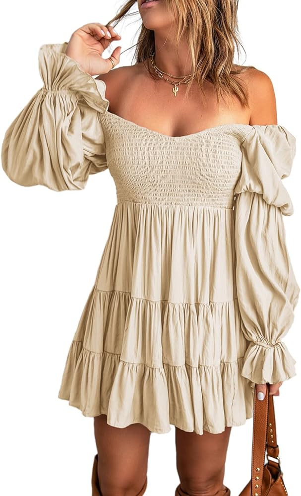Dokotoo Womens 2023 Summer Spring Elegant Off The Shoulder V Neck Long Sleeve Ruffle Flowy Mini S... | Amazon (US)
