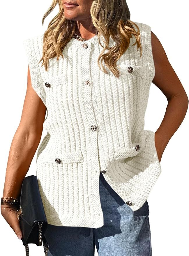 Saodimallsu Womens Sleeveless Cardigan Button Up Cable Knit Crew Neck Casual Loose Trendy Summer ... | Amazon (US)