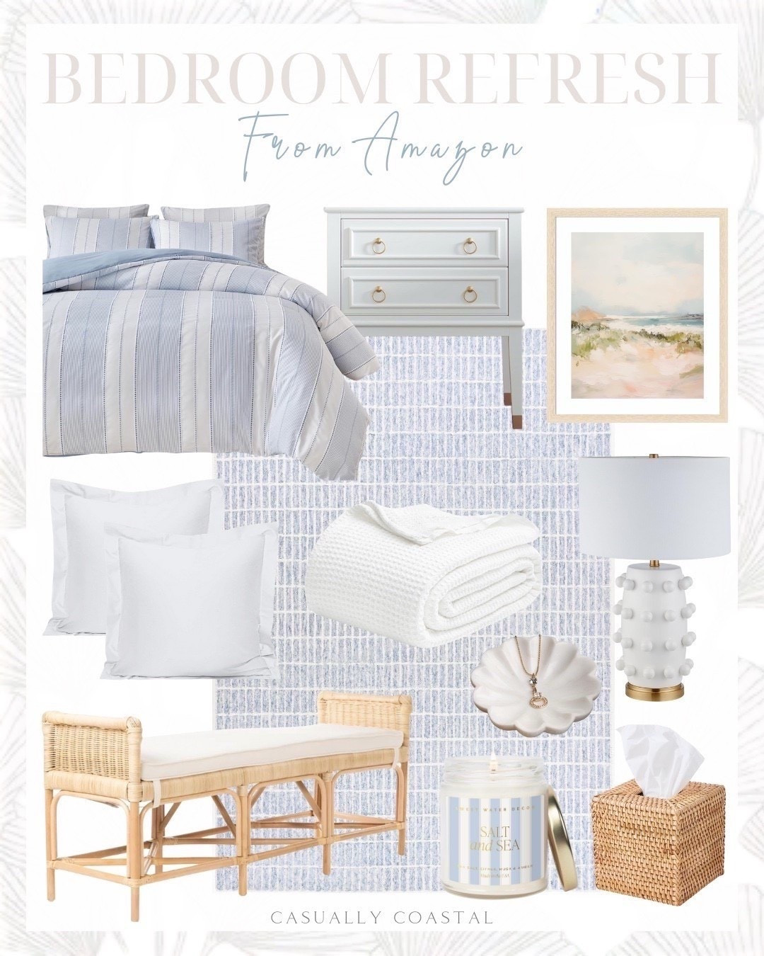 Bedroom Refresh From Amazon

Amazon home decor, bedroom refresh, Amazon rug, coastal bedroom, coastal rug, Amazon wall art, coastal artwork, Amazon bedding, coastal bedding, Amazon lamp, coastal lamp, coastal bench, Amazon nightstand, Amazon blanket, Amazon candle, bathroom vanity tray, tranquil landscape framed wall art, tall nightstand with charging station, rattan sidebar bench, blue striped duvet cover, coastal duvet cover, sweet water decor salt & sea candle, cotton blanket, white waffle weave blanket, ceramic table lamp, rattan tissue box cover, euro sham covers, wool area rug, blue rug, bedroom rug, marble jewelry tray, mattress topper, Beckham hotel collection bed pillows 

#LTKHome