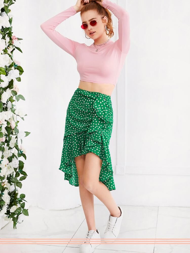 Polka-dot Ruffle Asymmetrical Hem Skirt | SHEIN