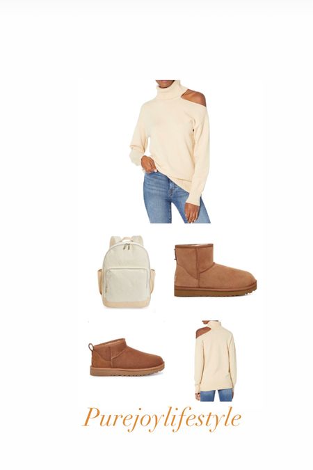 Fall picks , beige aesthetic, Beis backpack, cold shoulder sweater , ultra mini , classic boot , mini boots, booties, mini Ugg’s , neutral 

#LTKshoecrush #LTKsalealert #LTKSeasonal