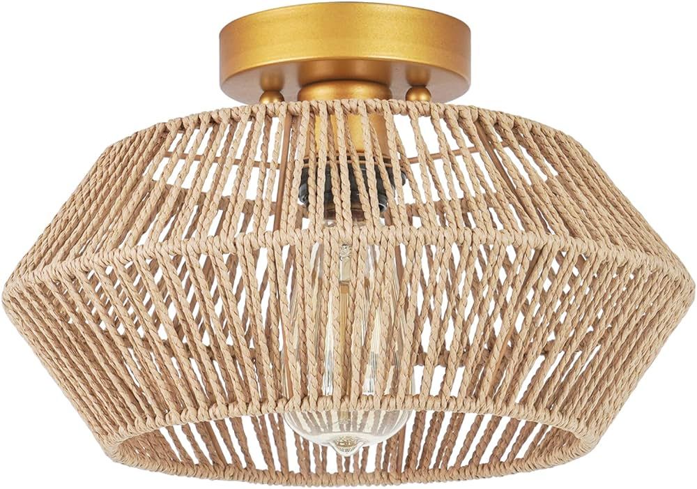 VILUXY Woven Rattan Light Fixtures Ceiling Mount, Hand-Worked Cage Shade Natural Mini Chandelier ... | Amazon (US)