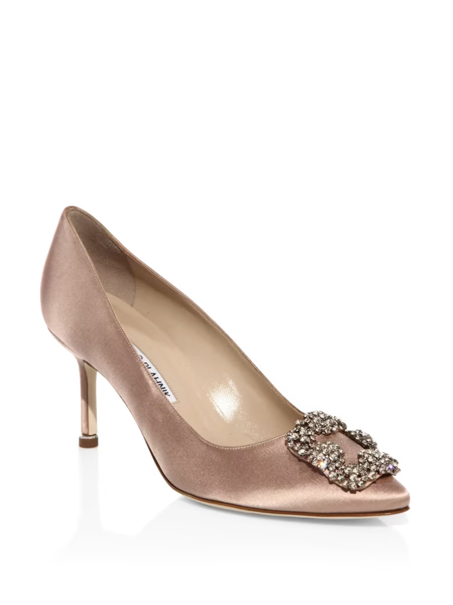 Manolo Blahnik Hangisi 70MM Crystal-Embellished Satin Pumps | Saks Fifth Avenue | Saks Fifth Avenue