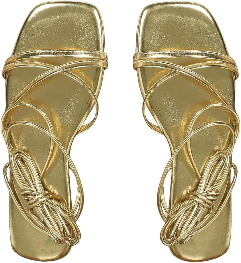 OYOANGLE Women's Lace Up Strappy Flat Sandals Metallic Summer Square Open Toe Sandal Tie Up Shoes | Amazon (US)