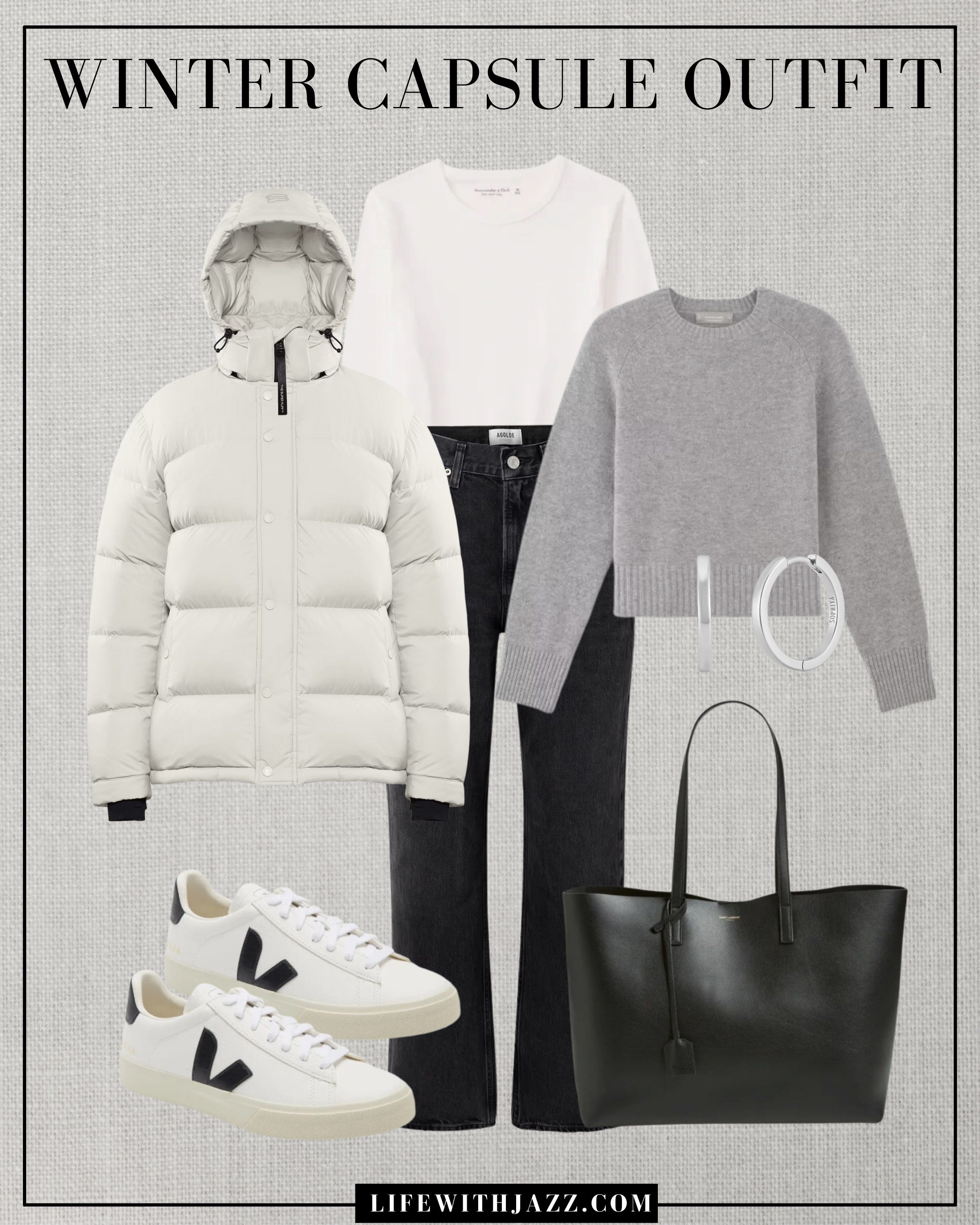 Winter capsule outfit 

Cream puffer jacket / super puff / white layering tee / light gray sweater / black ankle jeans / veja sneakers / black tote bag / silver earrings / winter style / wc25

#LTKStyleTip #LTKSeasonal