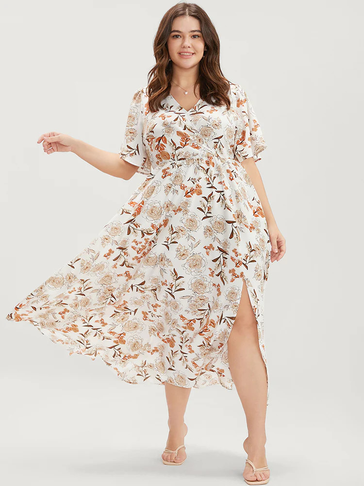 Floral Surplice Neck Pocket Flutter Split Hem Dress | Bloomchic