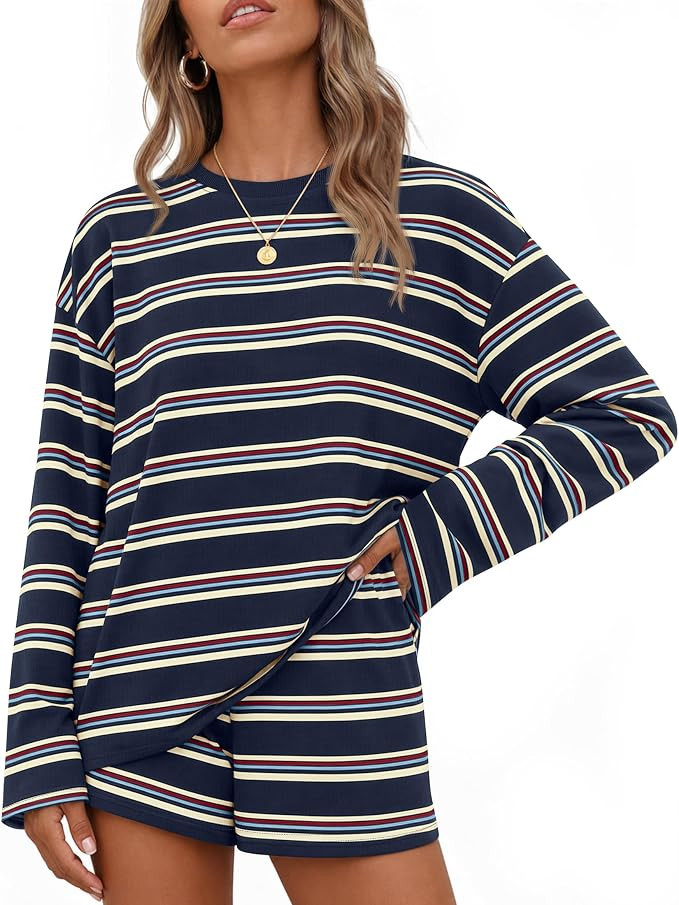 ZESICA Womens 2 Piece Striped Short Sets Fall Lounge Outfit | Amazon (US)