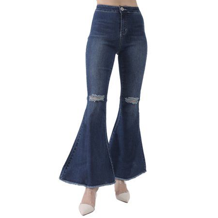 Women's Fashion Ripped High Waist Classic Denim Bell Bottom Jeans, Dark Blue | Walmart (US)