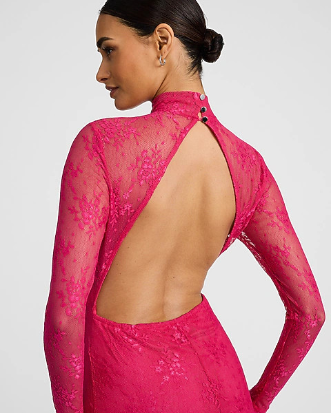 Long Sleeve Mock Neck Lace Maxi Dress | Express