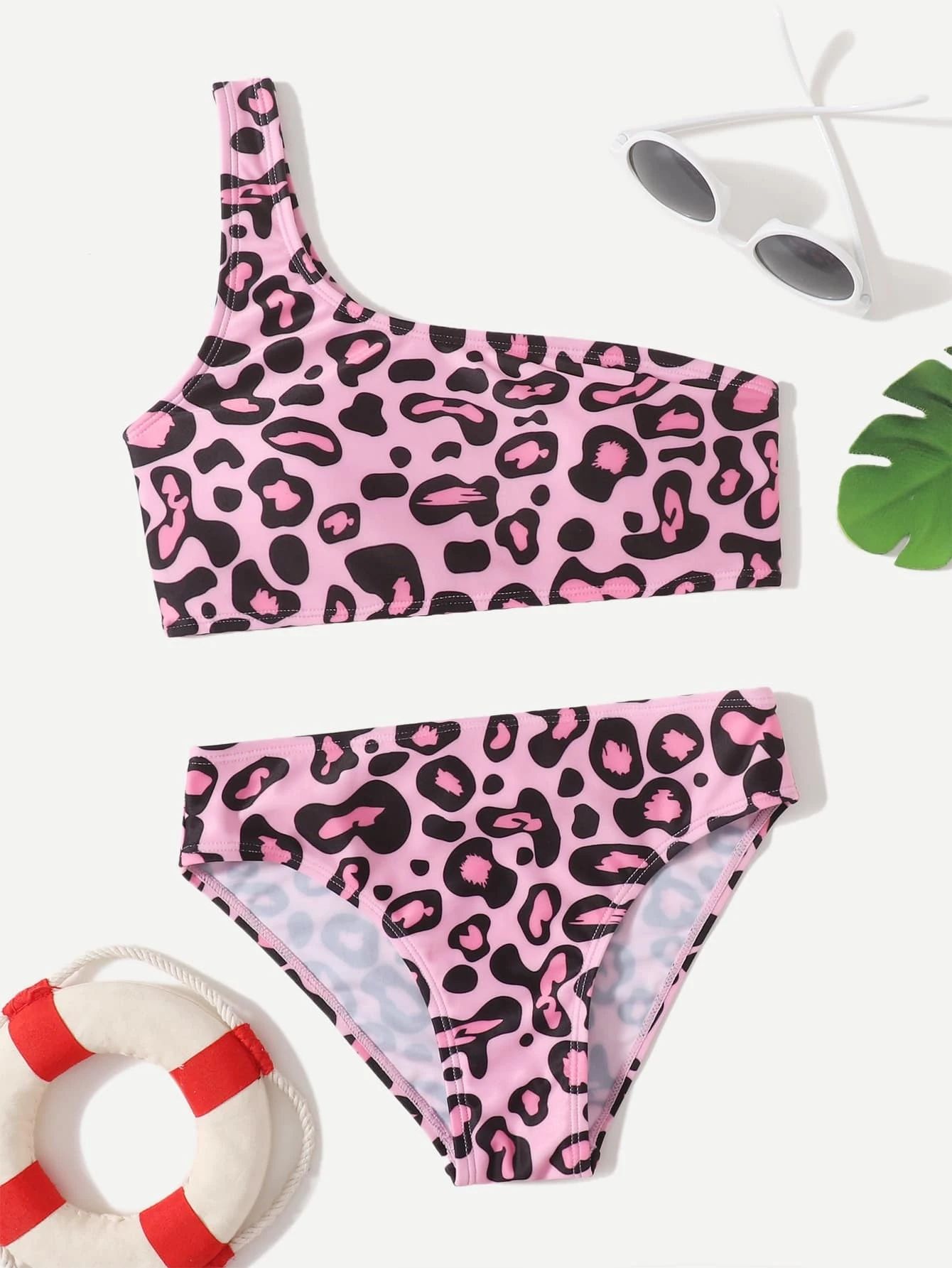Girls Leopard Print One Shoulder Bikini Swimsuit | SHEIN
