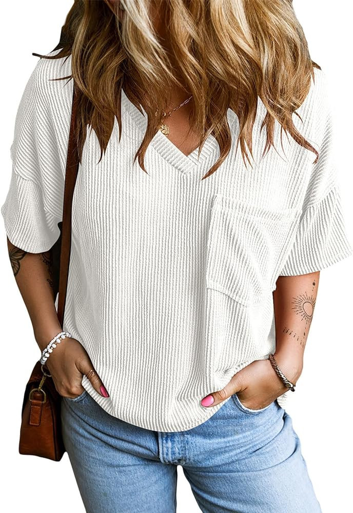 EVALESS Womens Fashion Short Sleeve Shirts Oversized Knitted Tops Sexy V Neck Blouses for Women L... | Amazon (US)