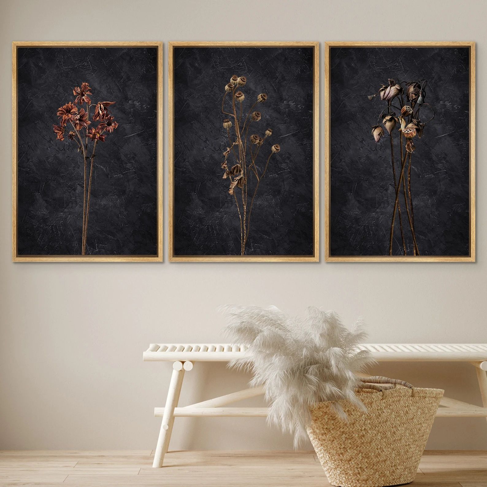 DustinWay Framed Canvas Print Wall Art Set Dark Dried Wildflower Floral Botanical Illustrations M... | Etsy (US)