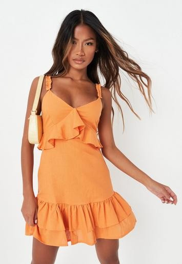 Missguided - Orange Linen Look Frill Waist Slip Dress | Missguided (US & CA)