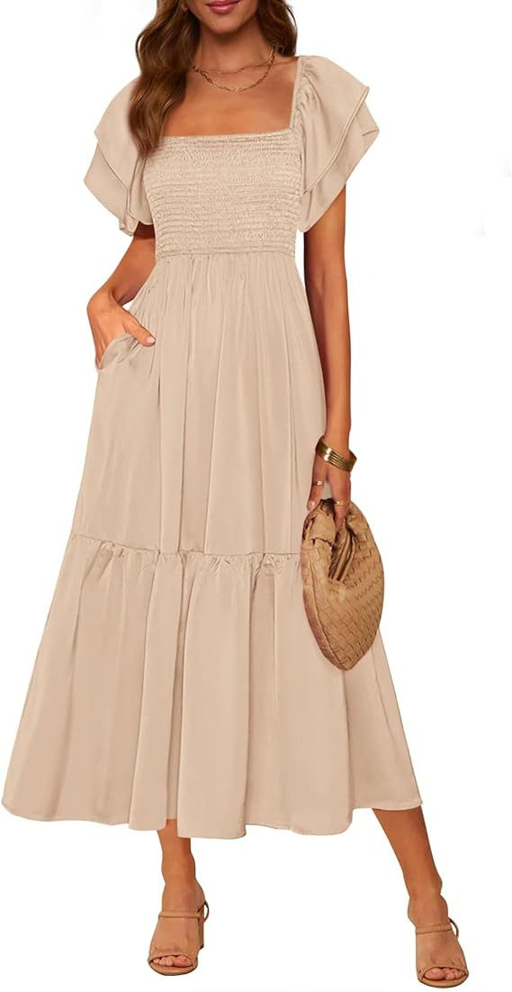 MASCOMODA Womens Summer Casual Midi Dress Square Neck Ruffle Short Sleeve Smocked High Waist A Li... | Amazon (US)