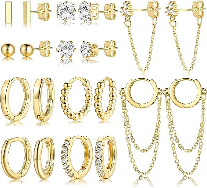 14K Gold Plated Huggie Hoop Studs Earrings Set for Women Girls, Fashion Hypoallergenic Small Dain... | Amazon (US)