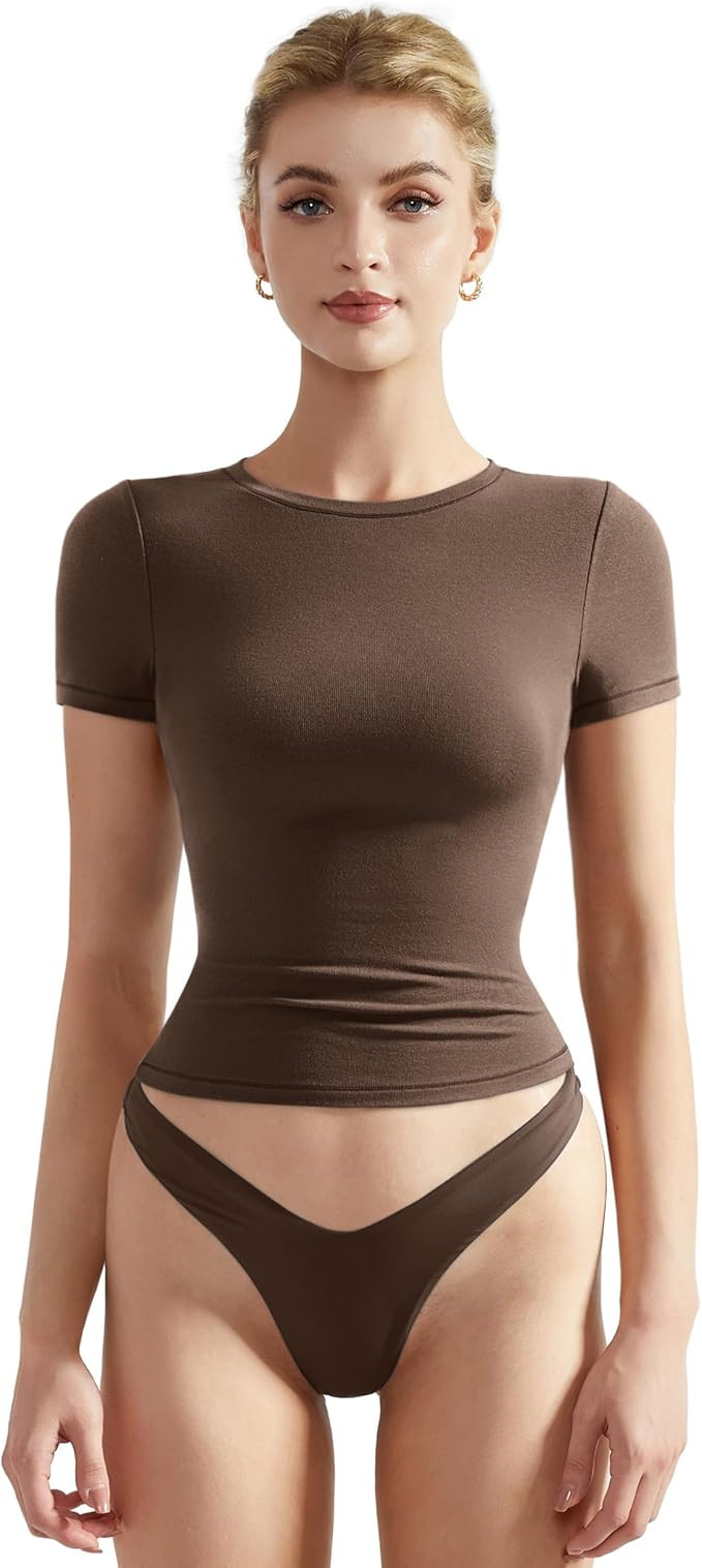 SUUKSESS Women Fitted Basic Tee Cotton Ribbed Crew Neck Summer Short Sleeve Y2K Crop Top | Amazon (US)