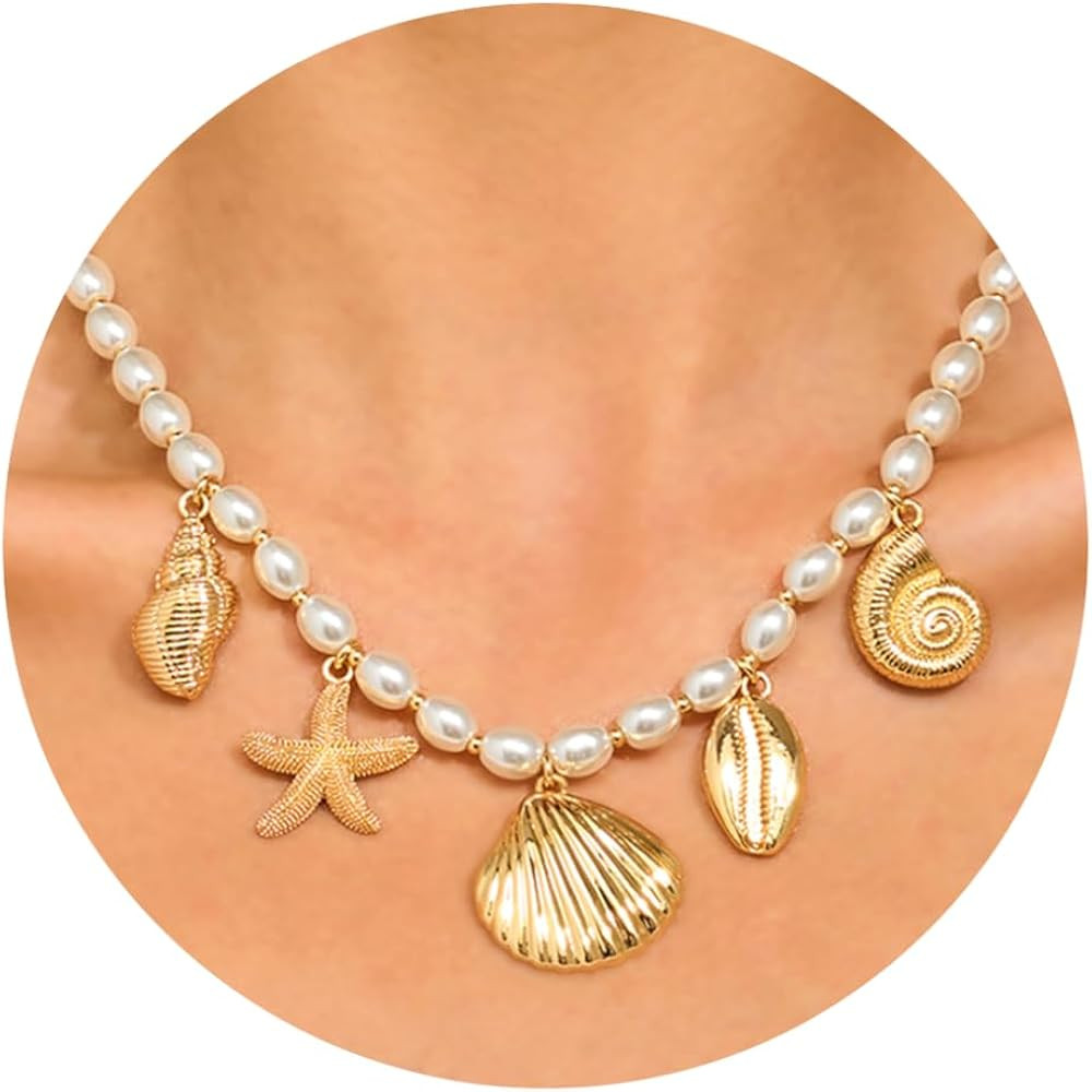 WOWORAMA Gold Sea Shell Necklace for Women Shell Starfish Pearl Charm Necklace Trendy Ocean Sea P... | Amazon (US)