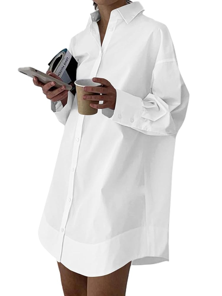 LYANER Women's Casual Shirt Dress Collar V Neck Button Down Loose Long Sleeve Mini Dresses | Amazon (US)