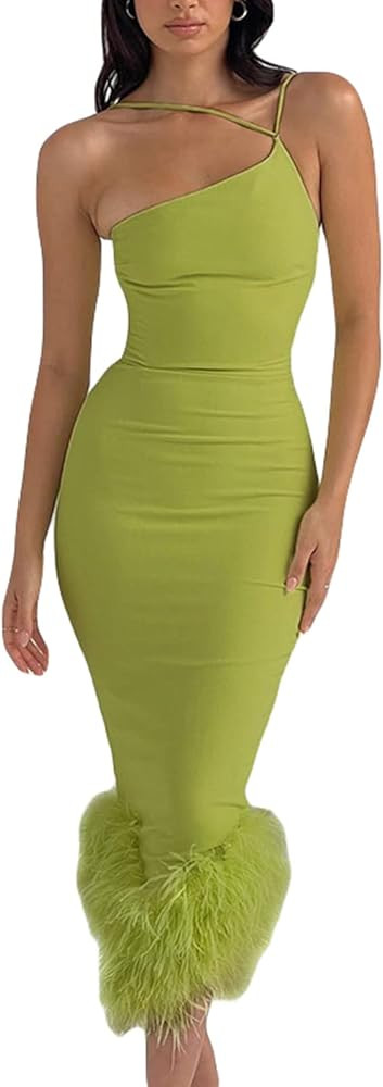 Women Feather Dress Sexy Sleeveless Spaghetti Strap Slip Bandage Bodycon Tube Midi Dress for Even... | Amazon (US)