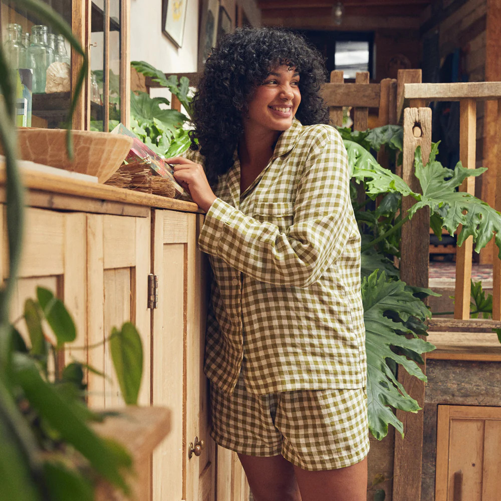 Botanical Green Gingham Linen Pyjama Shorts Set | Piglet