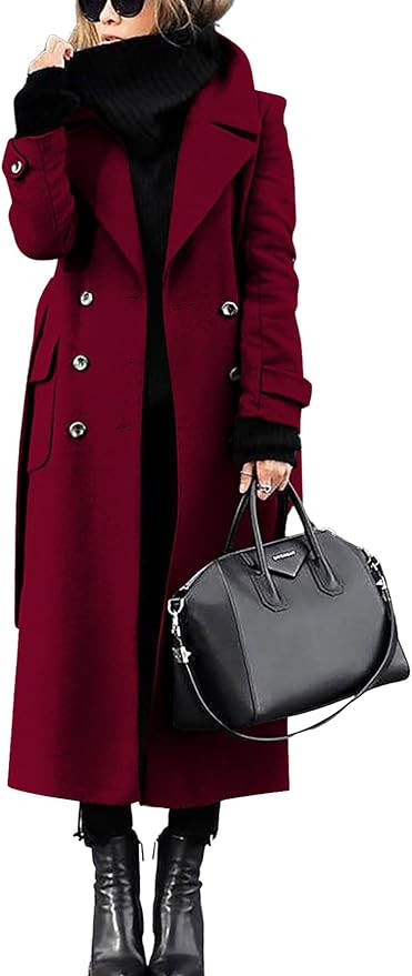 chouyatou Women's Winter Double Breasted Wool Coat Business Casual Long Winter Pea Coat with Belt | Amazon (US)