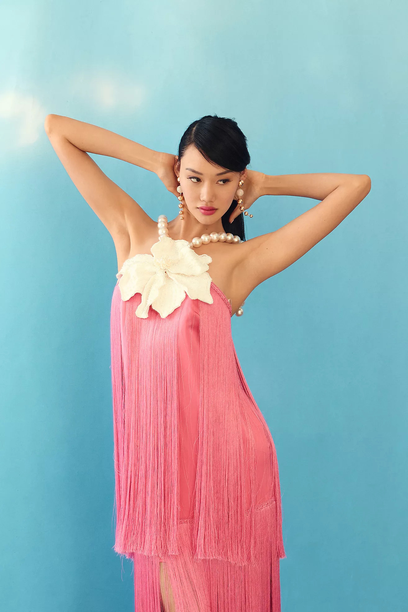 PatBO Pearl Beaded Flower Halter Fringe Dress | Anthropologie (US)