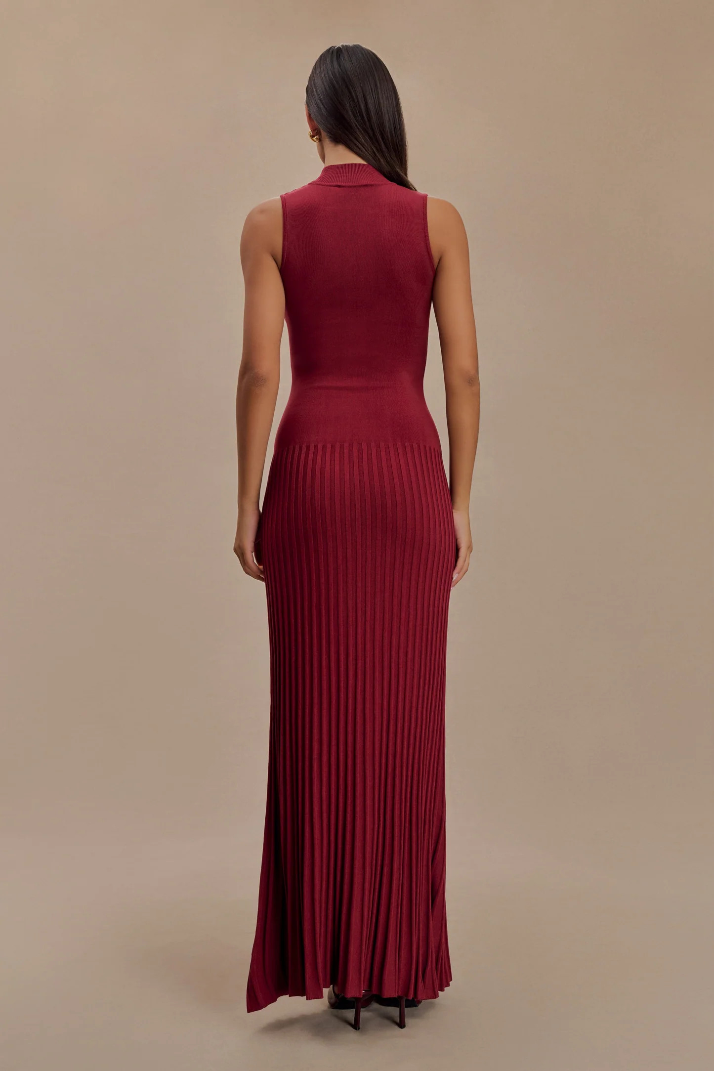 Mavis High Neck Pleated Maxi Dress - Mahogany | MESHKI US