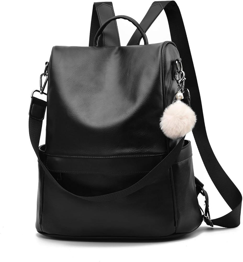 Women Backpack Purse PU Leather Anti-theft Casual Shoulder Bag Fashion Ladies Satchel Bags(Black-... | Amazon (US)