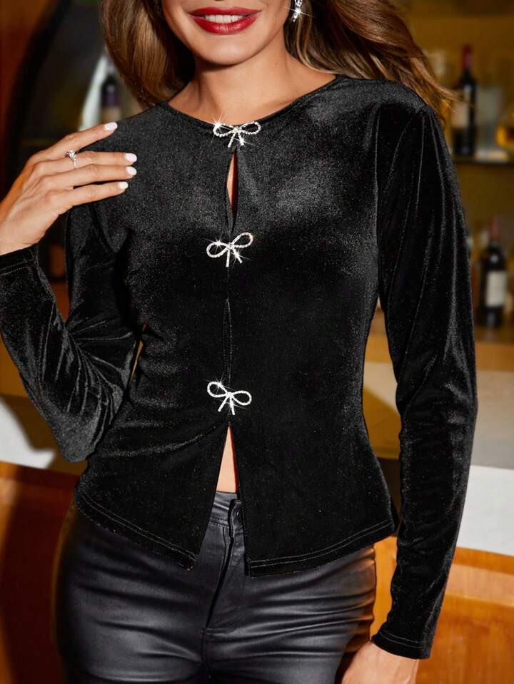 SHEIN Clasi Women's Fashionable Versatile Rhinestone Bow Decor Black Velvet Long Sleeve Blouse, A... | SHEIN