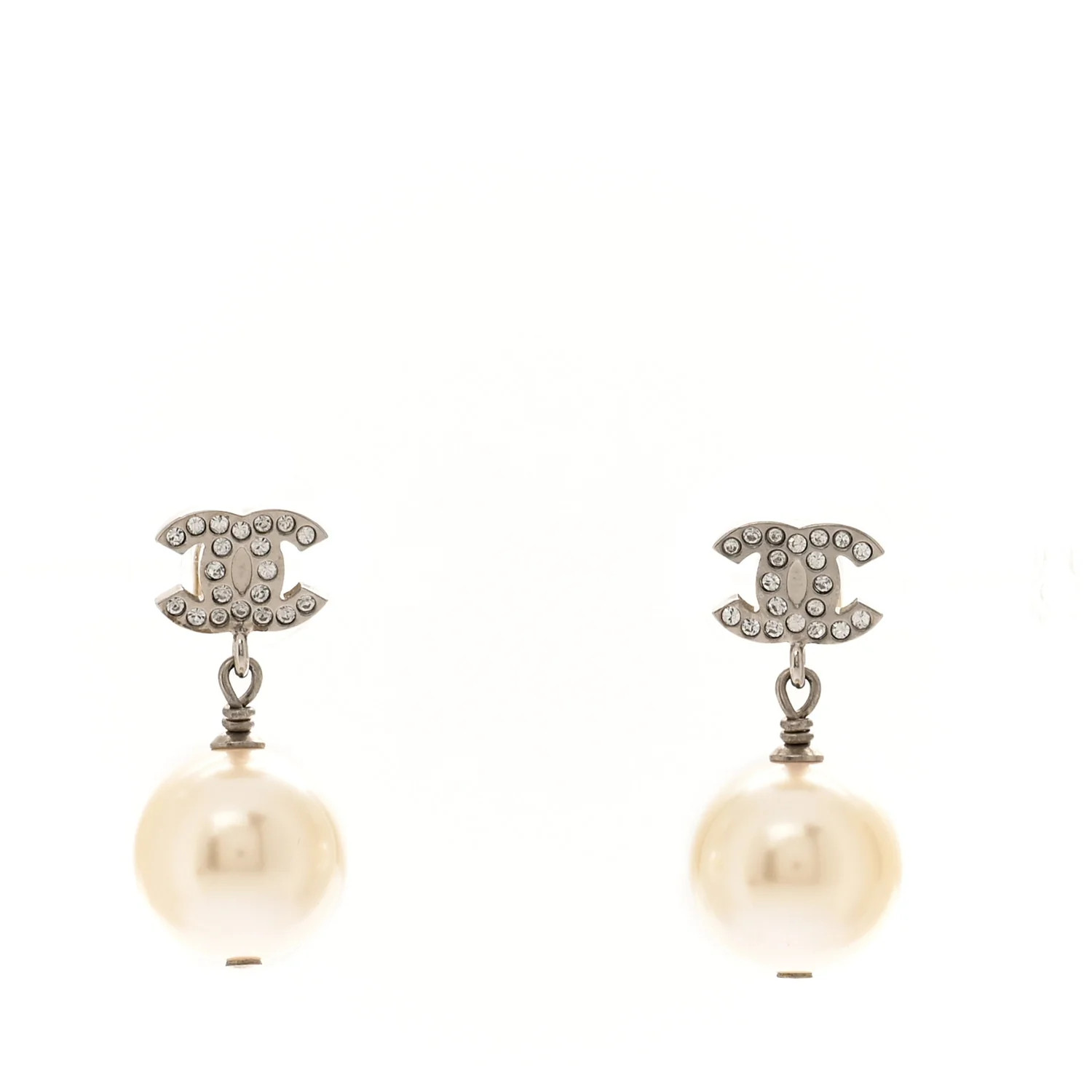 Crystal Pearl CC Drop Earrings Silver Pearly White | FASHIONPHILE (US)
